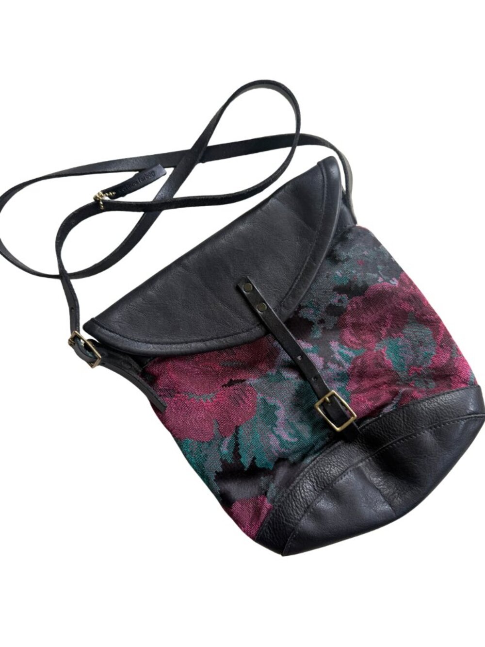 Vintage 80s Leather Floral Tapestry Crossbody Bag Made in Canada